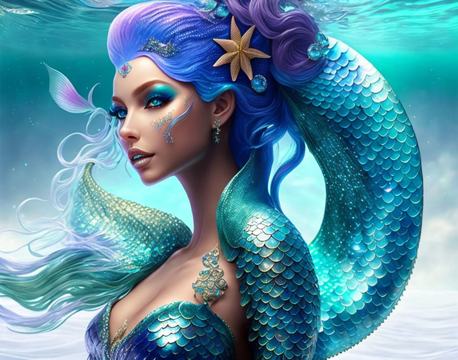 Mermaid digital artwork with blue hair and starfish adornment.