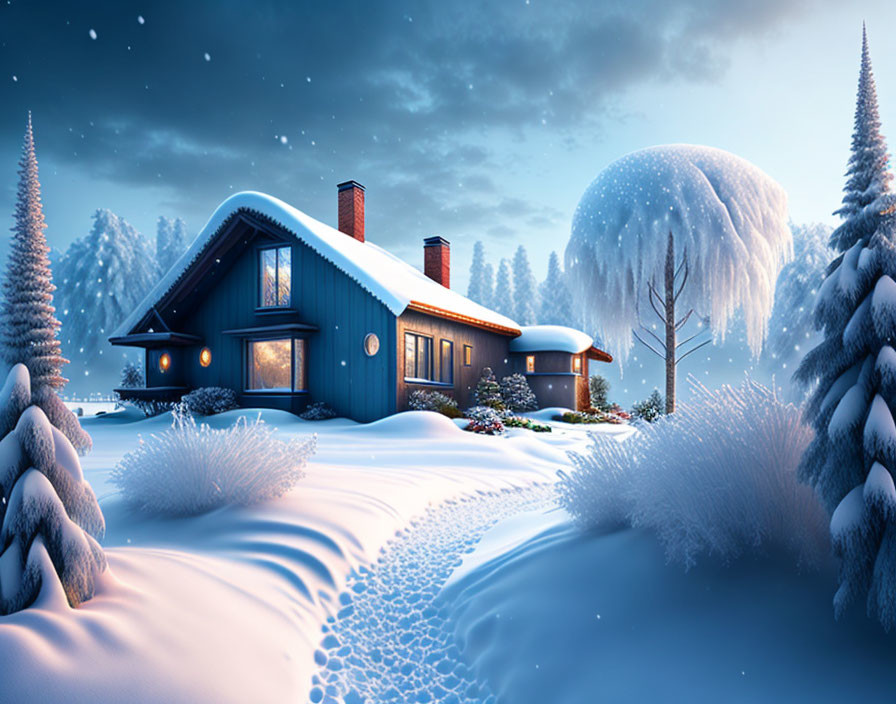 Snowy Twilight Scene: Cozy Blue House Surrounded by Lit Windows