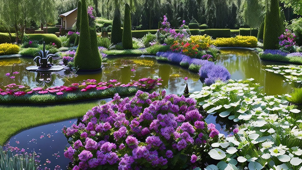 Tranquil garden with vibrant flowers, trimmed hedges, calm pond.