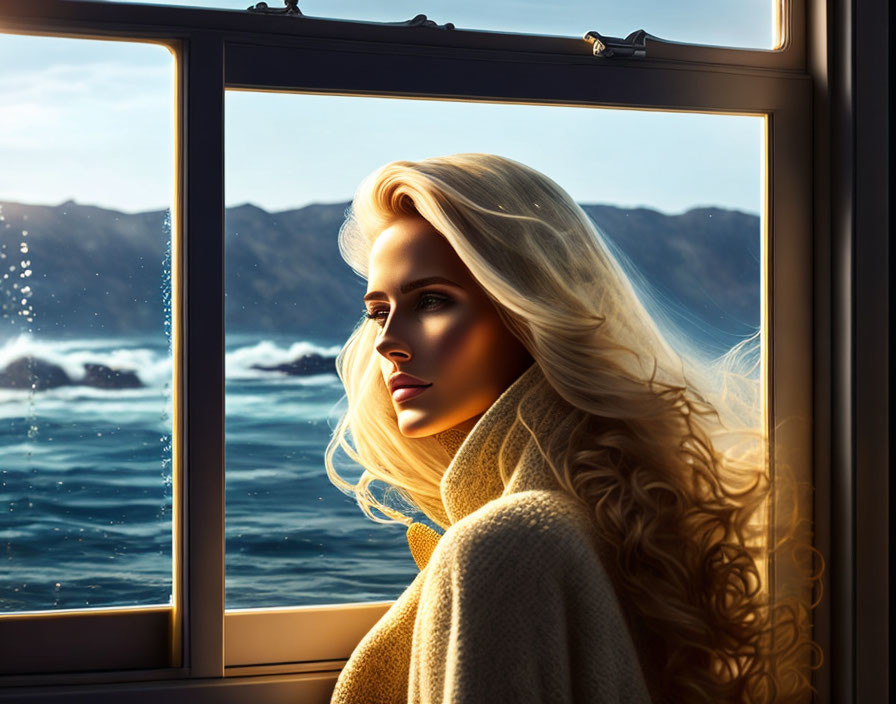 Blonde woman looking at sea during sunset