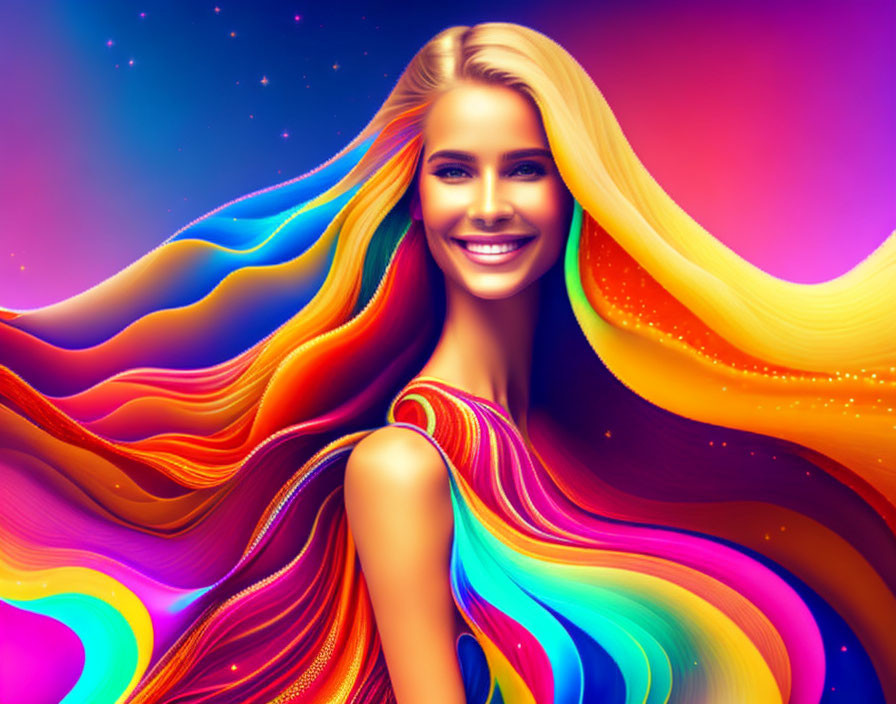 Colorful digital illustration: Woman with rainbow hair in starry background