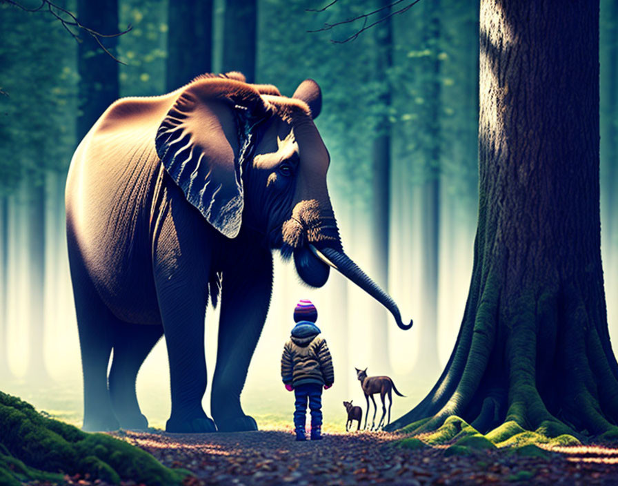 Child, dog, elephant in misty forest with sunbeams