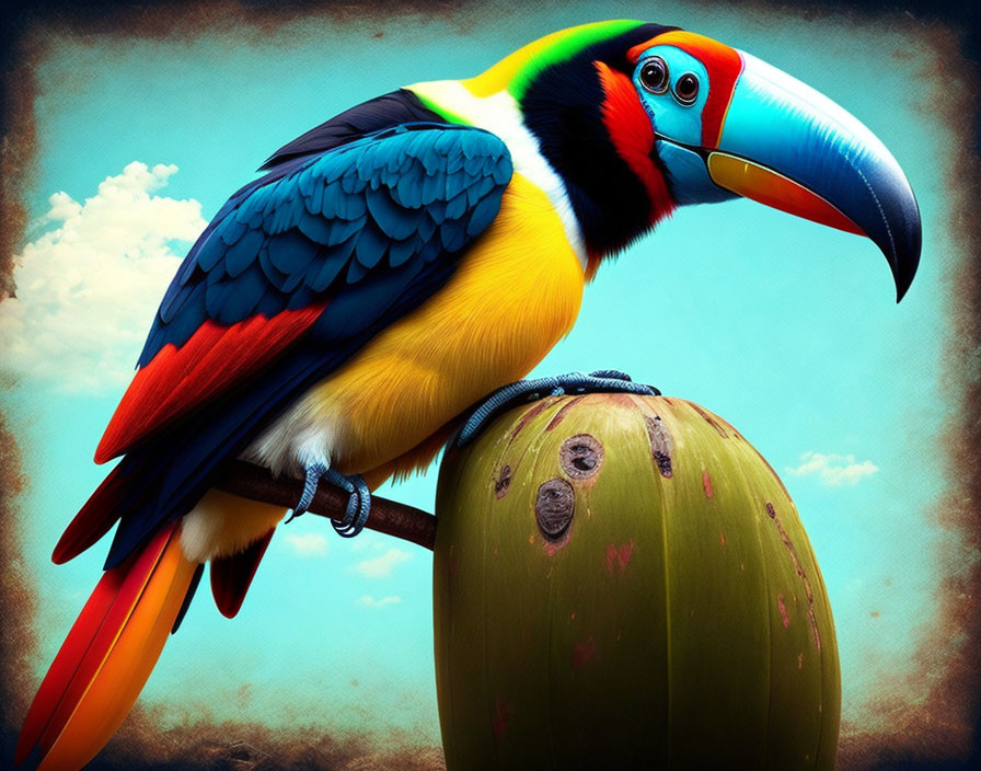 Colorful Toucan Perched on Green Coconut Against Blue Sky