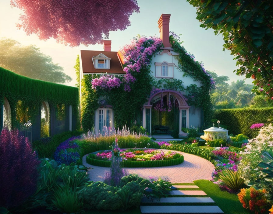 Pink-roofed cottage in lush garden with purple flowers