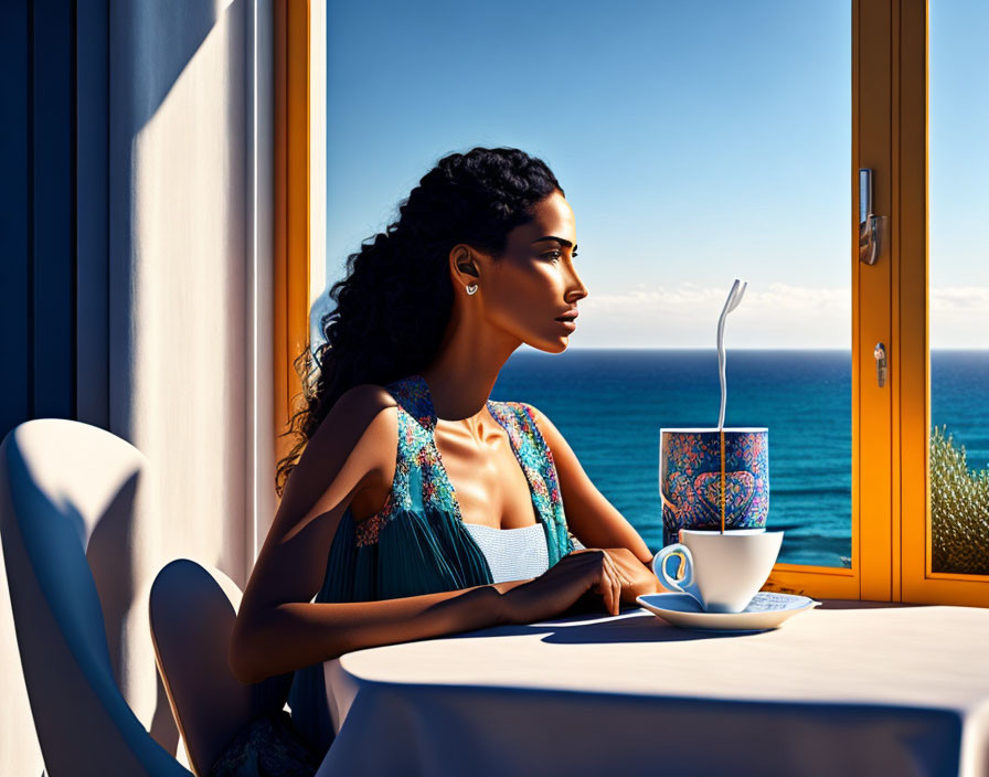 Woman sitting by open window with coffee, overlooking sea in sunlight