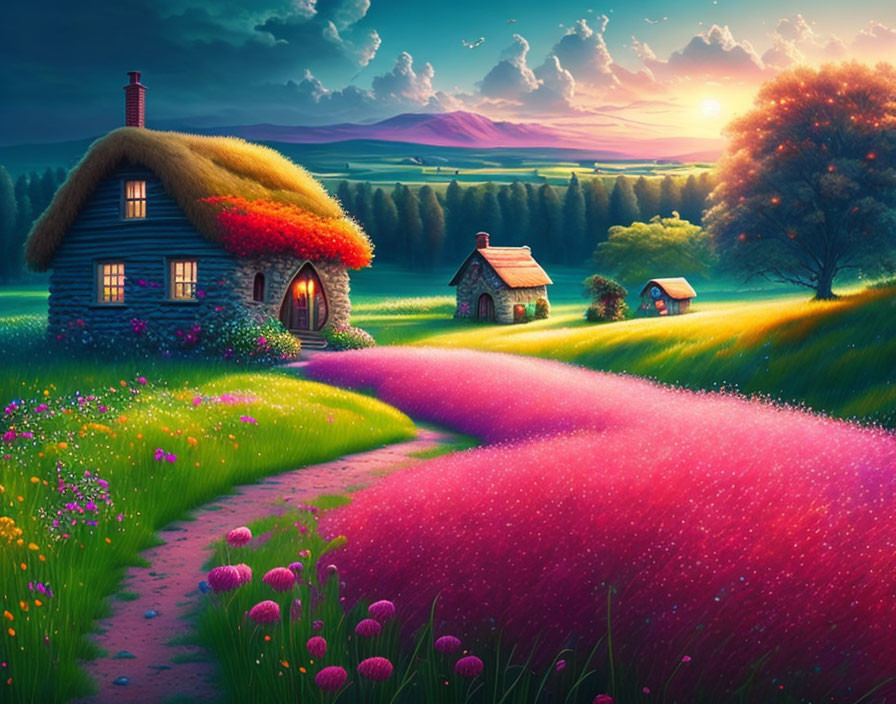 Colorful Illustration of Thatched Roof Cottage in Magical Landscape