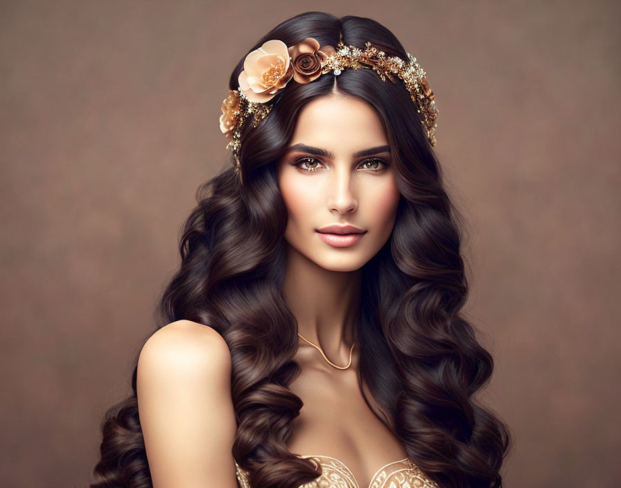 Brunette Woman with Floral Headpiece and Hazel Eyes