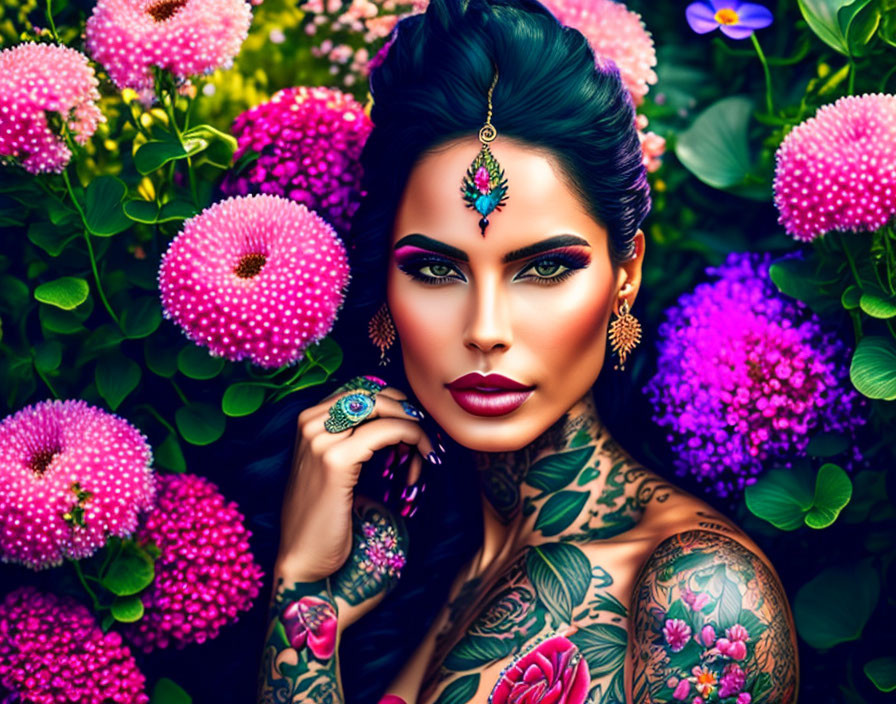 Woman with Green Eyes, Elaborate Makeup, Tattoos, Flowers, and Jewels