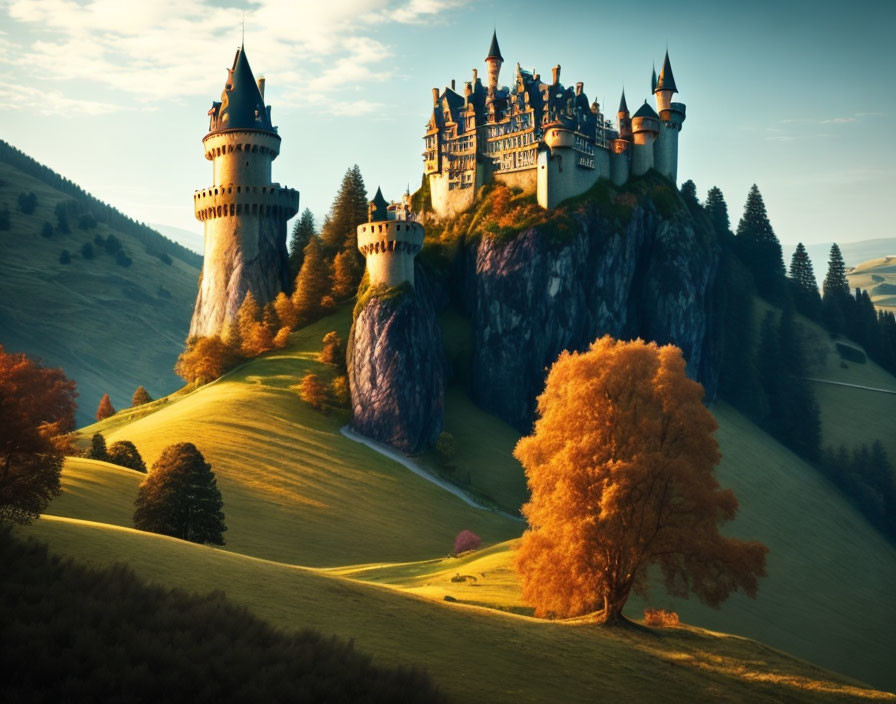 Enchanting fairytale castle on green hill at golden hour