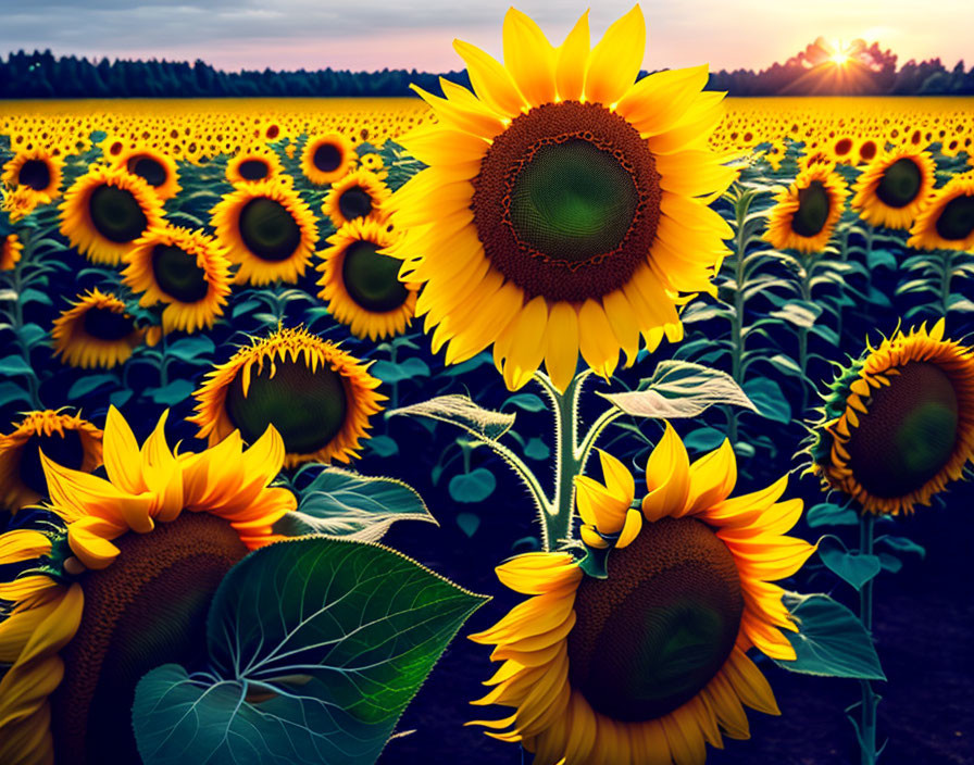 Sunflower Field at Sunset with Forest Background