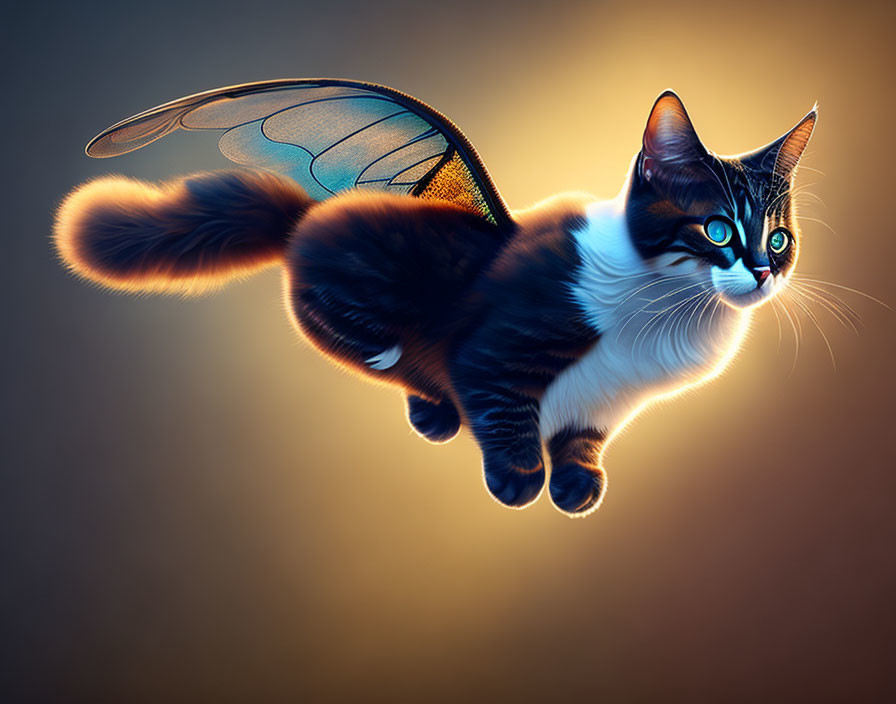 Cat with Butterfly Wings in Flight on Warm Background