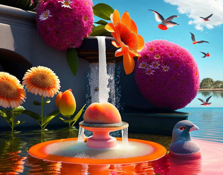 Colorful digital artwork: waterfall, flowers, bird, sphere-shaped trees, tranquil pool, clear sky