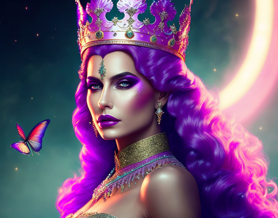 Regal woman with purple hair and crown in moonlit sky with butterfly