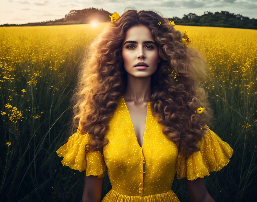 Woman with curly hair in yellow field at sunset.