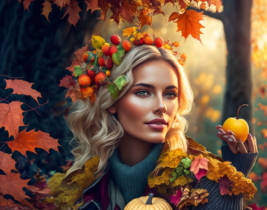 Woman with Autumn Wreath Holding Pumpkin Surrounded by Fall Foliage