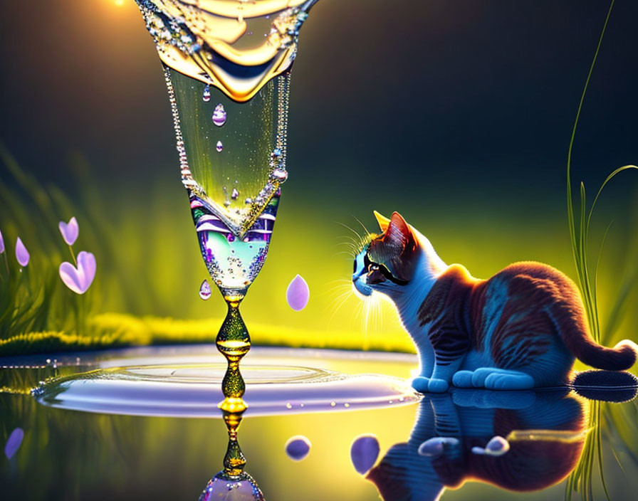 Curious cat watching hourglass drip water in vibrant setting