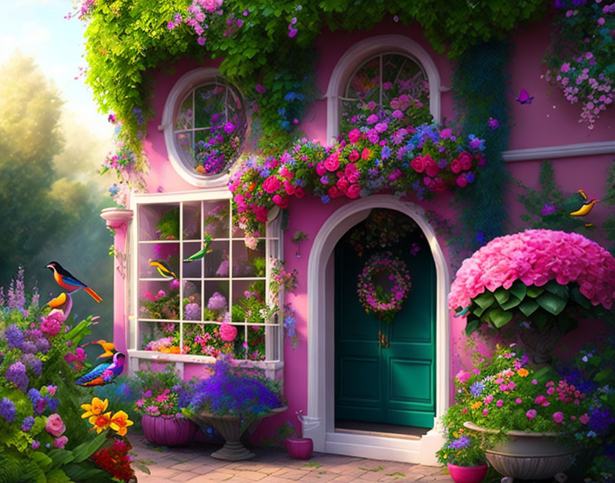 Colorful illustration of a whimsical pink house with green door, surrounded by vibrant flowers and birds in