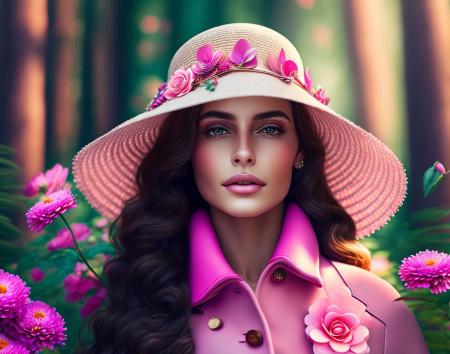 Woman in floral hat and pink coat in vibrant forest