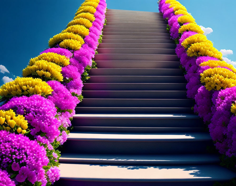 Colorful staircase with yellow and purple flowers under blue sky