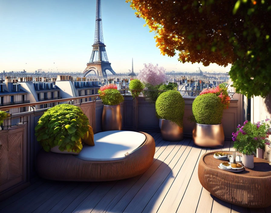 Serene rooftop terrace with greenery, outdoor seating, plants, Eiffel Tower view