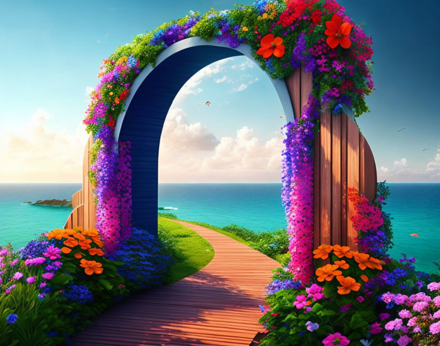 Wooden Pathway to Flower-Covered Archway Overlooking Ocean