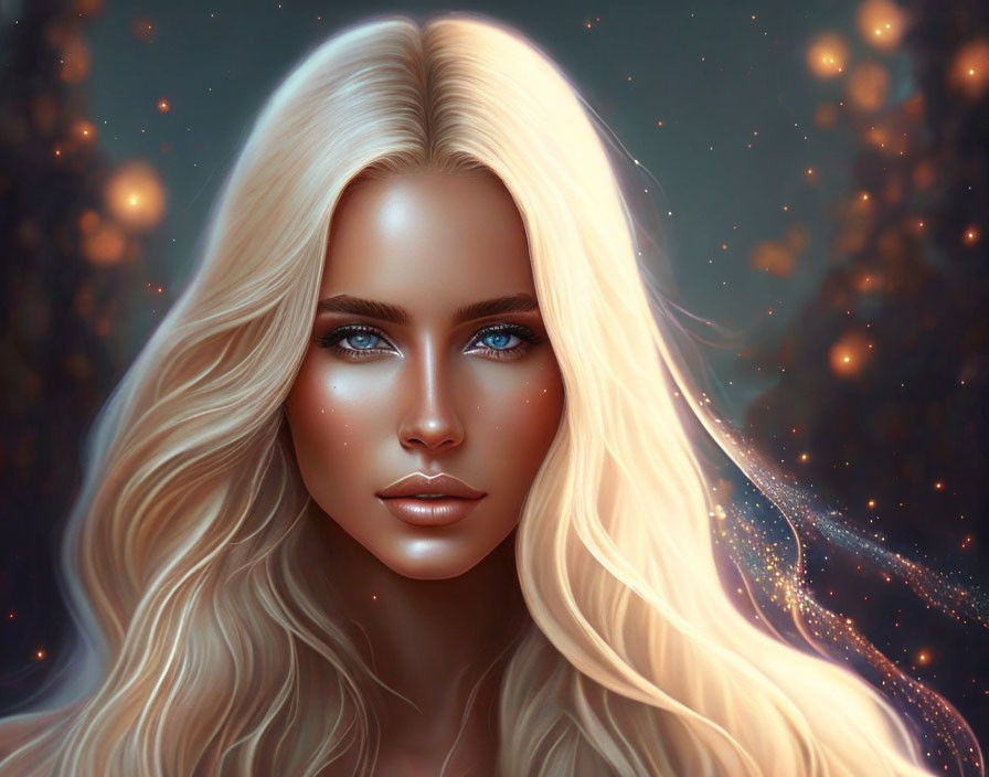 Blonde Woman with Blue Eyes in Celestial Setting