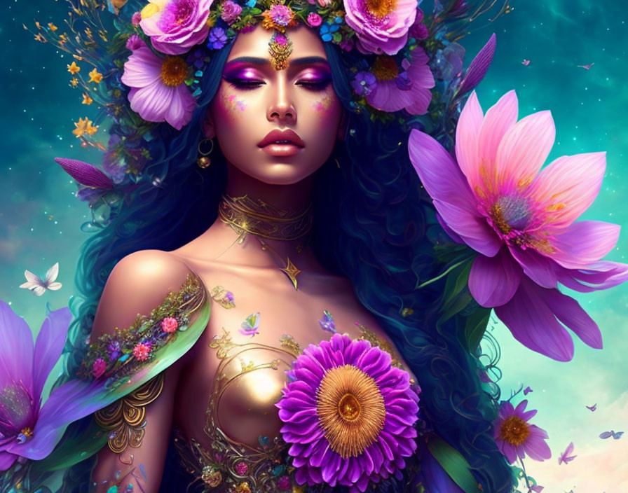 Vibrant digital artwork of a woman with flowers and gold jewelry