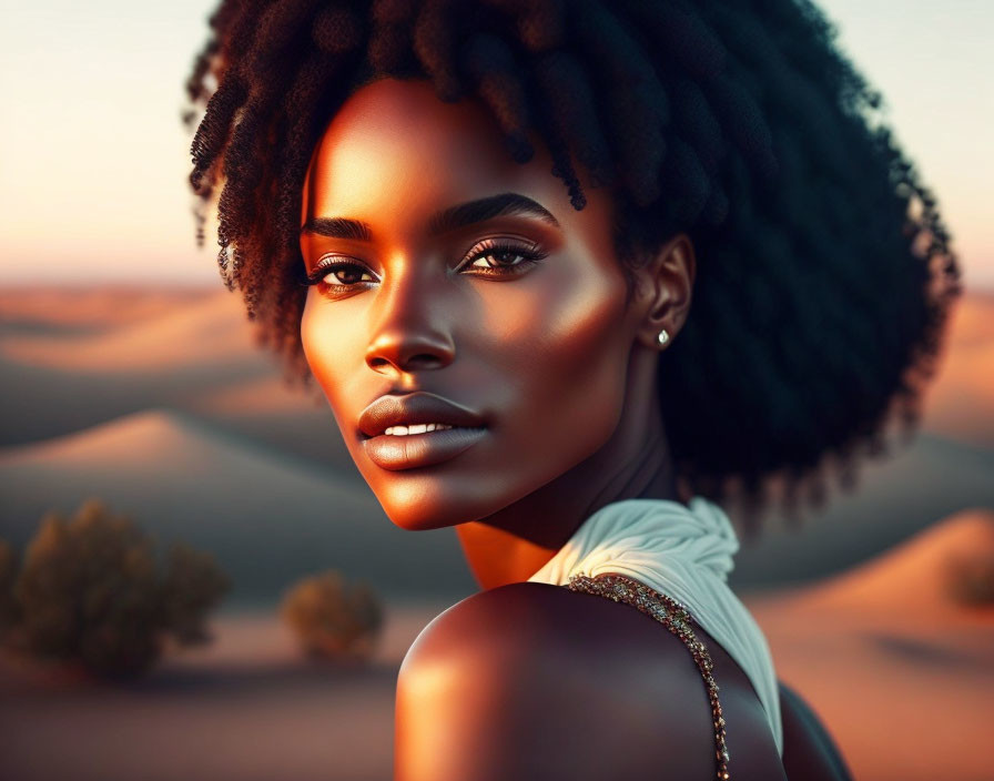 Intense gaze of woman with voluminous curly hair against desert dunes