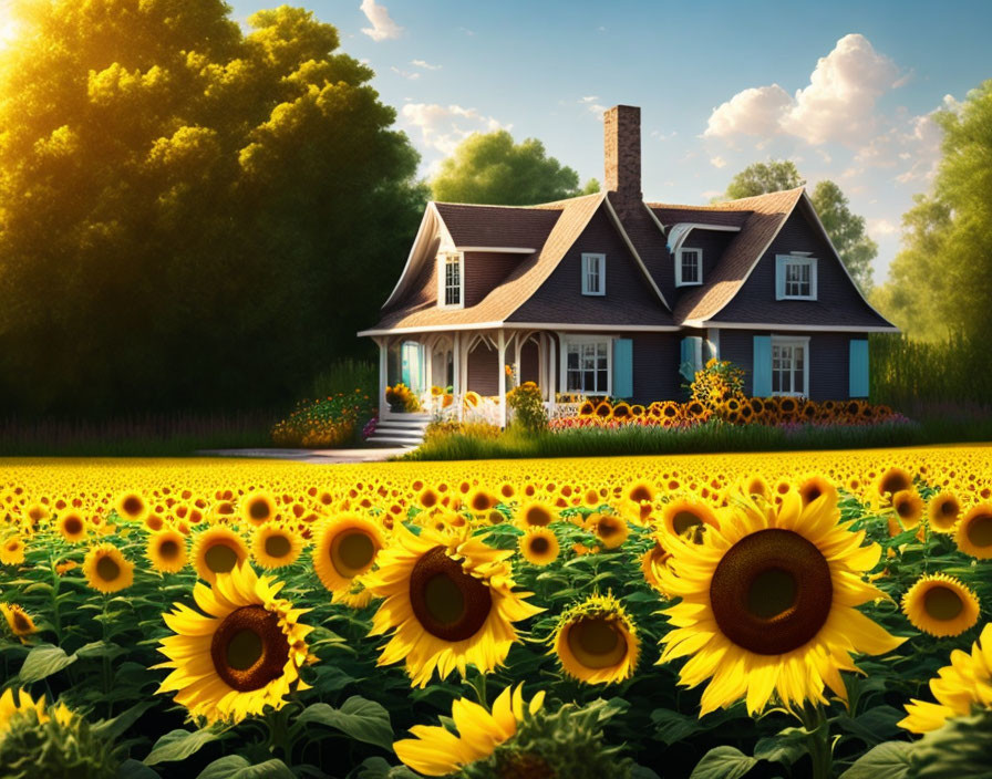 Blue House with White Porch Surrounded by Sunflowers in Sunny Field