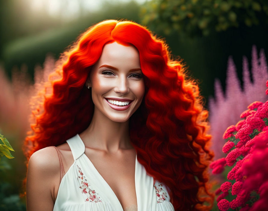 Vibrant red-haired woman smiling in front of pink flowers and greenery