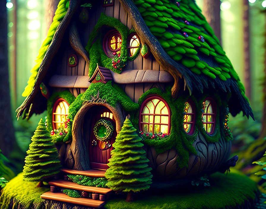 Charming fairy tale cottage in lush forest with moss and flowers