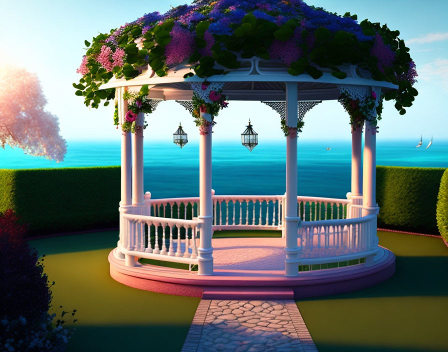 Scenic garden gazebo with purple flowers, ocean view & sailboats