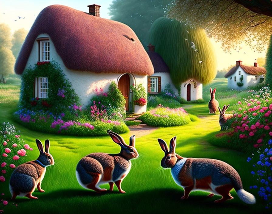 Thatched Roof Cottage Surrounded by Greenery and Rabbits