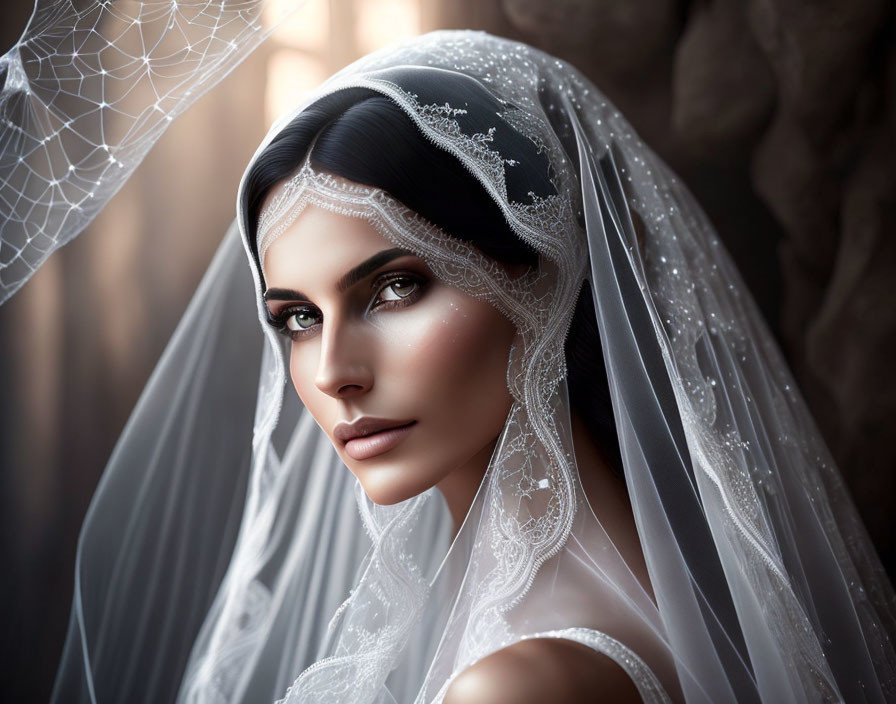 Detailed Veil Bride Poses Elegantly with Piercing Gaze and Cobweb Background