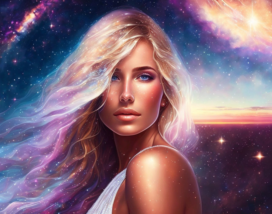 Blonde-haired woman with galaxy-themed hair in cosmic setting