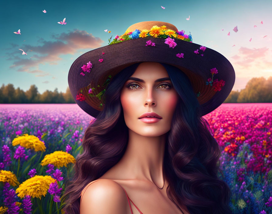 Woman with blue eyes in floral hat surrounded by purple and yellow flowers