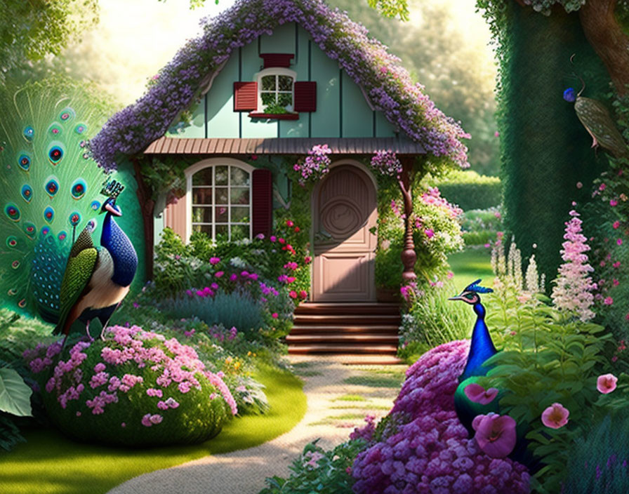 Whimsical cottage with red shutters in lush garden with peacocks