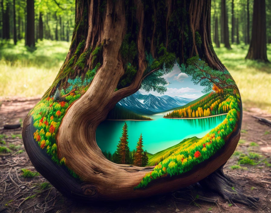 Vibrant painted landscape inside hollow tree trunk