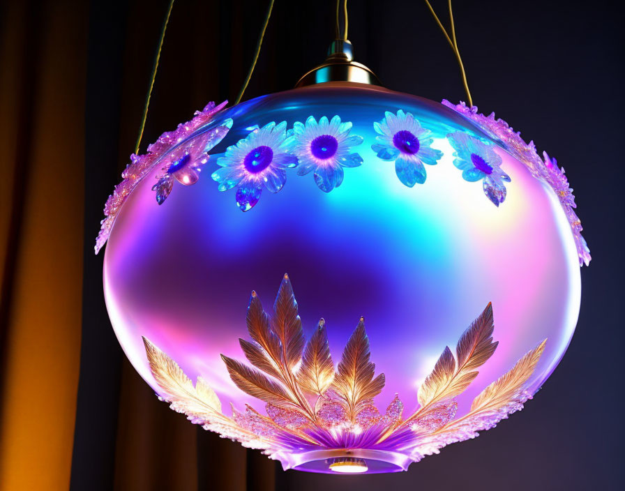 Colorful Glass Pendant Light with Floral and Leaf Patterns on Dark Background