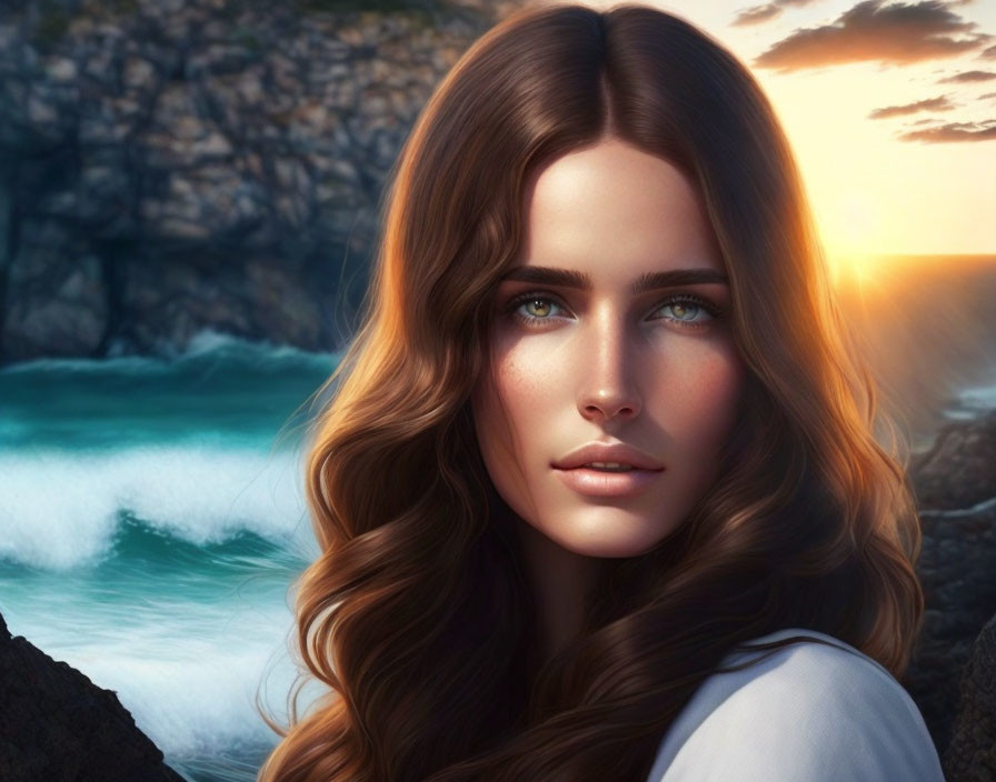 Brown-haired woman with blue eyes against cliff backdrop at sunset