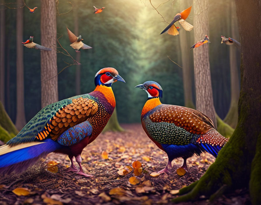 Vibrant pheasants in forest setting with sunlight and magical ambiance