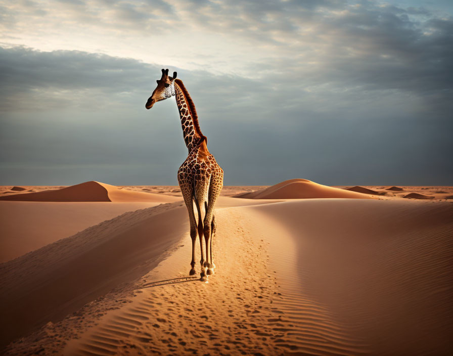 Lonely giraffe in desert with sand dunes under dramatic sky