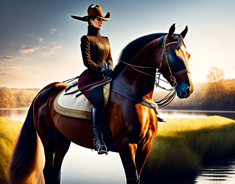 Woman in equestrian attire on brown horse by water at sunset