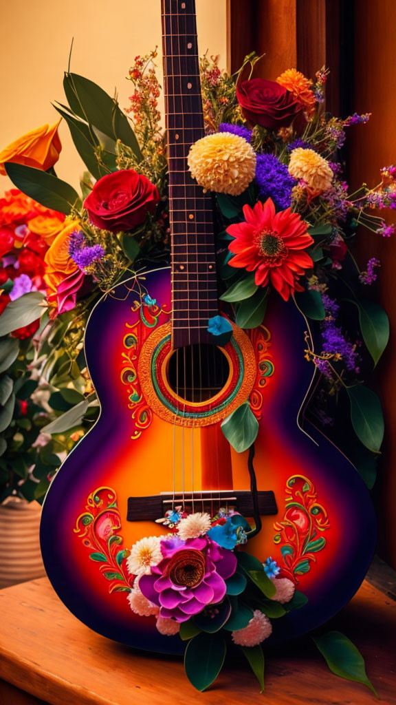 Vibrant flower bouquet in guitar sound hole with red to purple gradient.