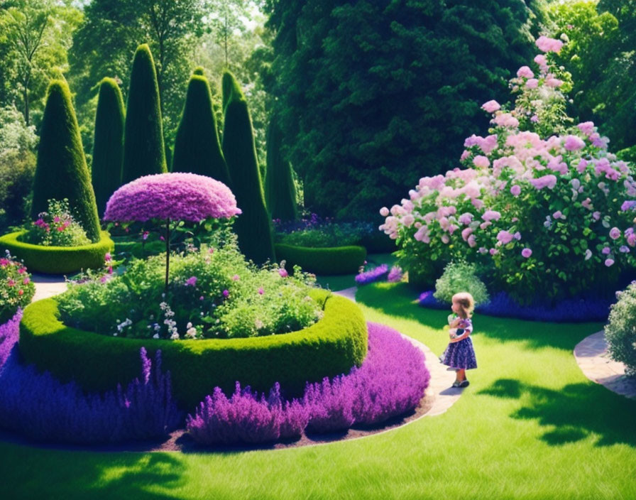 Child exploring colorful garden with hedges, lavender, and pink bushes under sunny sky