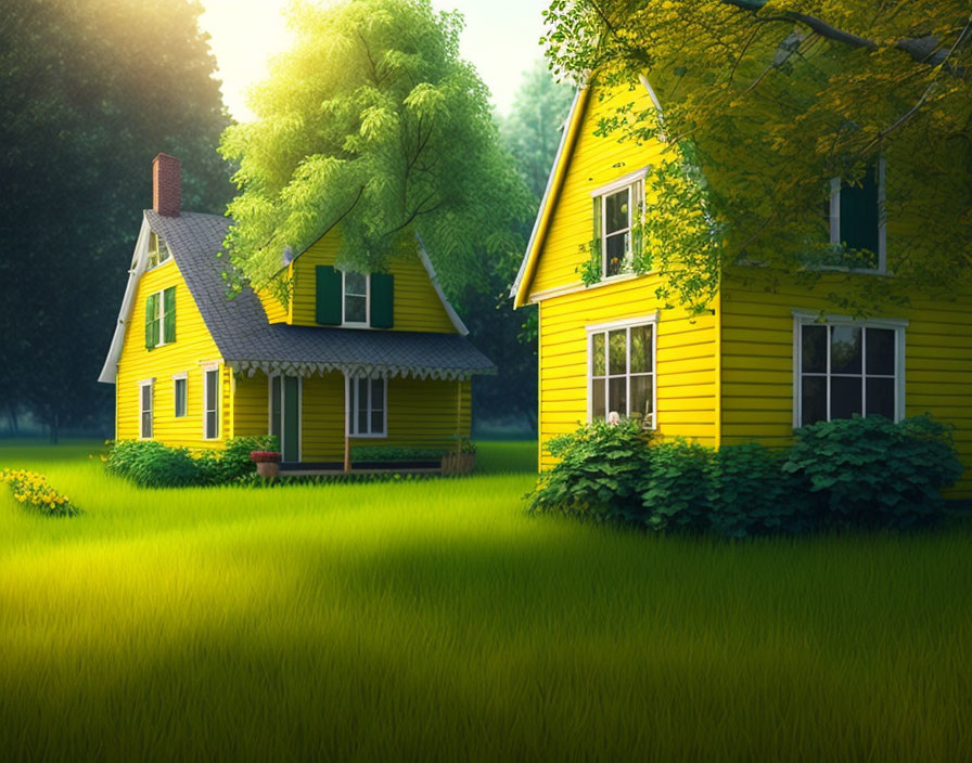 Yellow House with Gabled Roof in Greenery and Sunlight