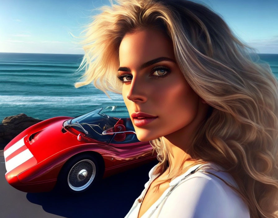 Blonde Woman with Blue Eyes Next to Red Convertible by Ocean