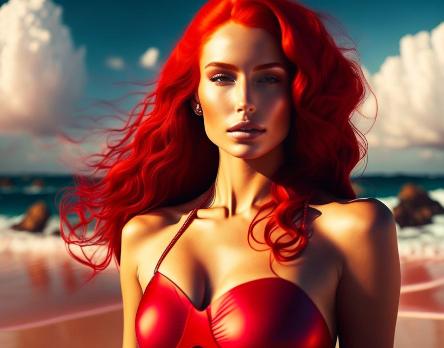 Red-haired woman in red top on vibrant beachscape