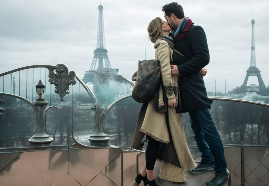 Romantic couple kissing on bridge with Eiffel Tower backdrop.