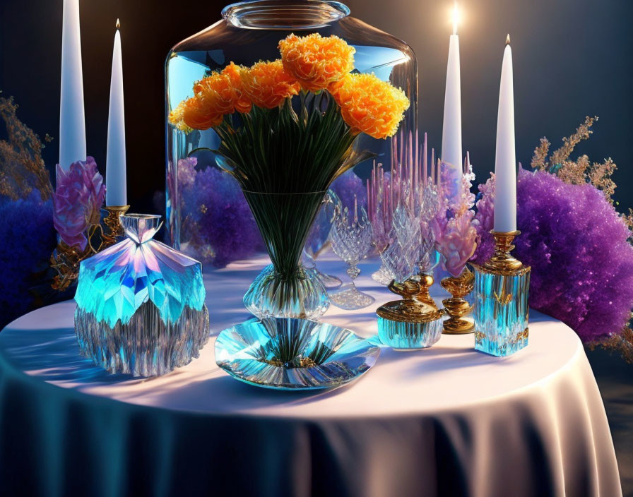 Sophisticated table setting with orange flowers, candles, perfume bottles, and purple accents